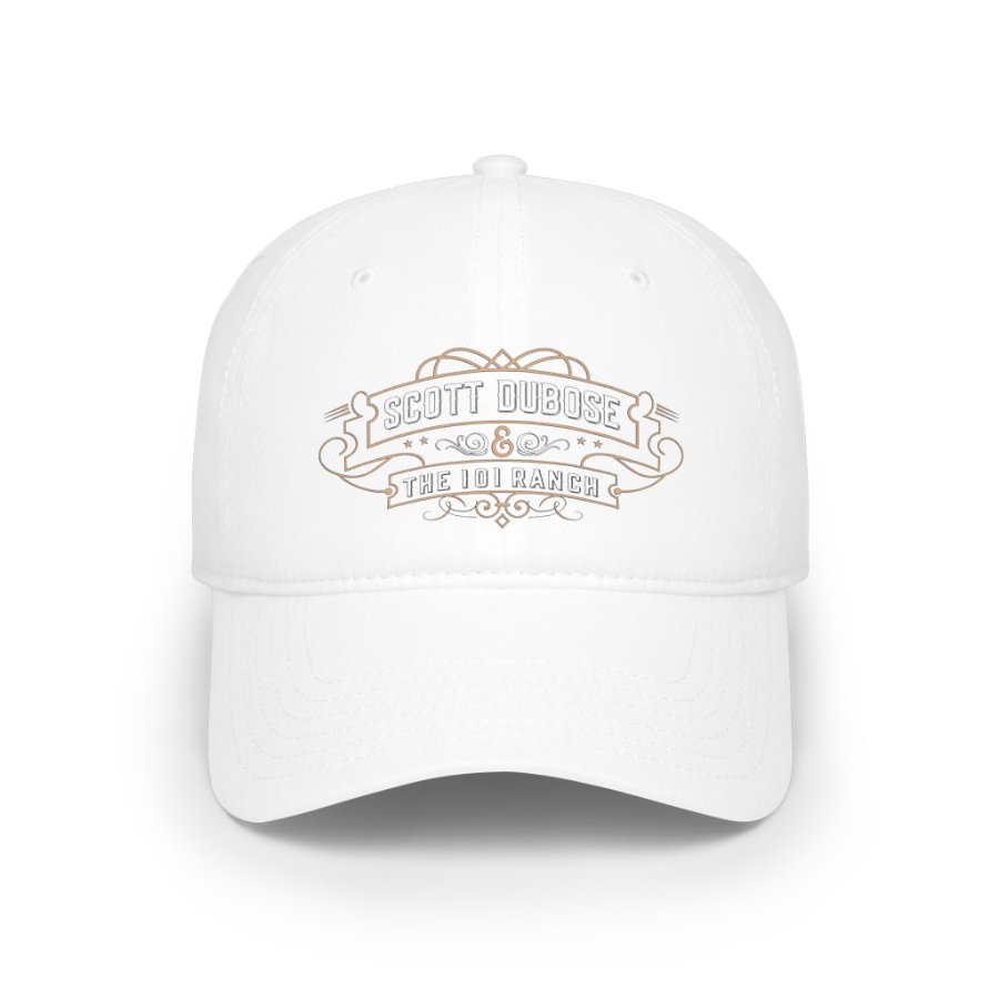 White low-profile baseball cap with the Scott DuBose and The 101 Ranch logo on the front